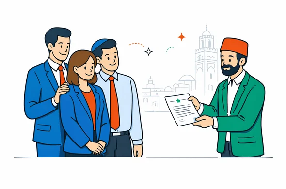 Semi flat vector illustration of an abstract business group receiving a formal invitation letter from a Moroccan company representative, deep blue and turquoise primary colors with Moroccan red and green accents, minimalist white background with a faint outline of the Medina skyline, calm and well organized scene