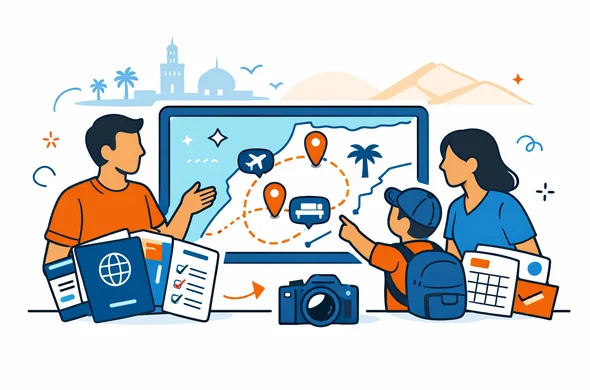 Flat semi flat vector illustration, modern tech feel, abstract faceless family with neutral skin tones planning a trip to Morocco on a large digital map with passports and travel documents, calm and organized atmosphere, deep blue and turquoise primary colors with warm Moroccan orange accents, minimalist light background with faint silhouette of Marrakech skyline and desert dunes, clean 2D lines, not photorealistic