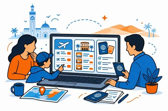 Semi flat vector illustration showing abstract faceless characters comparing flights hotels and visa details on a large laptop screen, calm organized workspace feeling, deep blue and turquoise colors with warm Moroccan orange accents, minimalist light background with faint silhouette of Casablanca mosque and desert dunes, clean 2D lines, not photorealistic