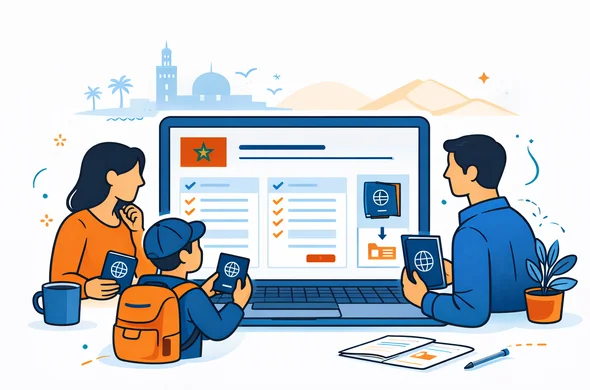 Flat vector illustration of a group of abstract faceless travelers with passports standing around a large digital form showing a Morocco visa application, calm safe and organized environment, deep blue and turquoise primary colors with warm Moroccan orange accents, minimalist light background with faint silhouette of Moroccan city skyline and desert dunes, clean 2D lines, not photorealistic