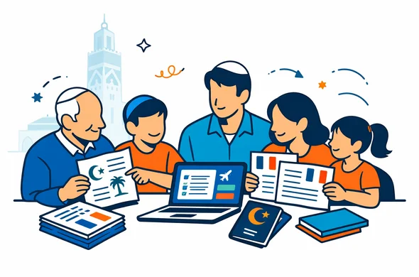 Flat vector illustration of a multigenerational Israeli family sitting around a table, organizing French and Arabic documents for a Morocco visa application, calm and happy atmosphere, modern digital interface on a laptop, deep blue and turquoise primary colors with warm Moroccan orange accents, minimalist background with a faint isometric silhouette of the Hassan II Mosque in Casablanca, clean lines, semi-flat style, no facial details