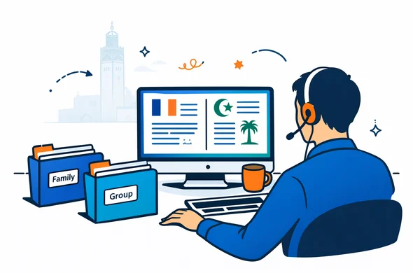 Semi flat vector illustration of a visa consultant at a desk reviewing French and Arabic documents on a laptop screen, calm and organized workspace, folders labeled family and group, deep blue and turquoise interface elements with warm Moroccan orange accents, minimalist grey background with a subtle outline of Marrakech Koutoubia Mosque, modern tech feel, no facial features