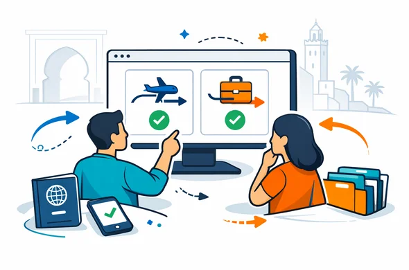 Flat vector illustration, modern travel tech style, isometric composition, deep blue and turquoise primary palette with warm Moroccan terracotta and golden sand accents, abstract faceless characters choosing between visa routes on a clean dashboard, passport, phone, folders, route arrows and checkmarks, calm organized safe atmosphere, minimal white and light grey background, faint outline of Moroccan arch and Marrakech skyline, clean lines, semi flat, no photorealism, no text, no watermark