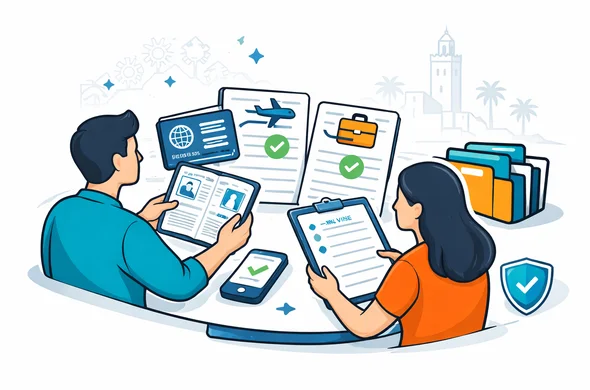 Semi flat vector illustration, clean modern document check scene for Morocco visa, deep blue and turquoise palette with Moroccan terracotta accents, abstract faceless characters reviewing passport, flight confirmation, hotel booking and online application form on a desk, checkmarks, folders and shield icon, calm efficient safe atmosphere, minimal white and grey background, faint outline of Hassan II Mosque and geometric Moroccan pattern, clean lines, no photorealism, no text, no watermark