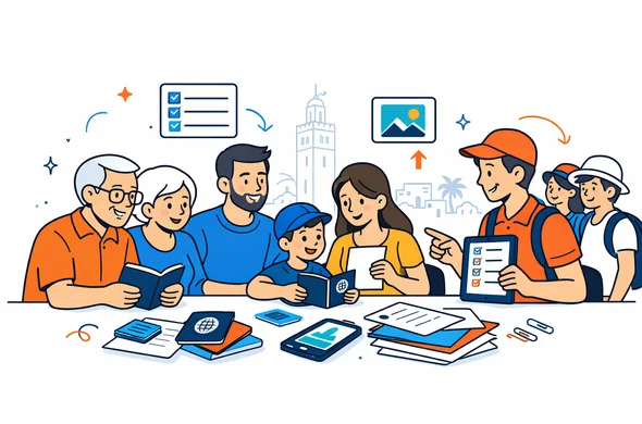 Flat vector illustration of a multigenerational family and tour group sitting around a table organizing passports and visa documents, modern digital interface elements, deep blue and turquoise primary colors with warm Moroccan inspired accent colors like terracotta and gold, minimalist white background with a faint outline of Marrakech skyline and Koutoubia Mosque, calm organized safe atmosphere, semi flat style, clean lines, 2D illustration