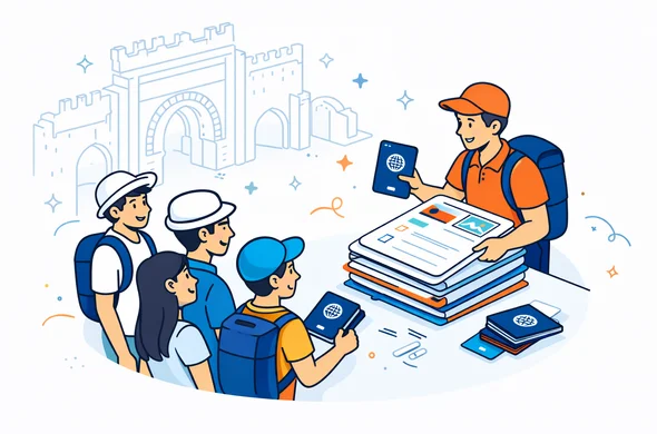 Isometric vector illustration of a tour group with a guide organizing a stack of passports and visa application forms for Morocco, deep blue and turquoise main colors with warm Moroccan accent colors, minimalist background with faint outline of an old medina city gate and Moroccan arches, calm efficient safe atmosphere, flat modern style