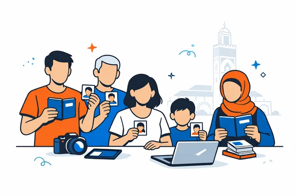 Flat vector illustration of a multigenerational family preparing passport photos for a Morocco visa, faceless abstract characters with neutral skin tones holding photos and passports, modern digital office feel, deep blue and turquoise with warm Moroccan orange accents, calm and organized atmosphere, minimalist white background with a faint silhouette of Hassan II Mosque in Casablanca in the distance