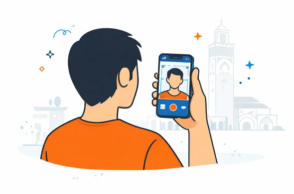 Semi flat vector illustration of a person taking a passport style photo with a smartphone against a plain light wall, faceless abstract character with neutral skin tone, deep blue and turquoise interface elements on the phone screen, warm Moroccan orange accent details, calm and organized home setting, minimalist white background with a faint outline of traditional Moroccan architecture in the distance