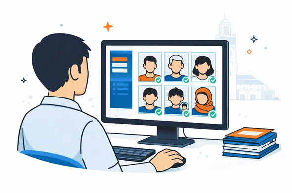 Flat vector illustration of a visa specialist at a computer reviewing organized passport photos for a group Morocco visa application, faceless abstract character with neutral skin tone, deep blue and turquoise user interface panels on the screen, warm Moroccan orange highlights, calm efficient office atmosphere, minimalist light background with a subtle outline of Moroccan city skyline in the back