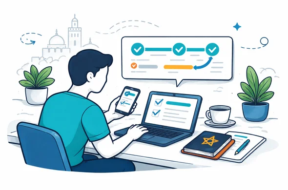 Flat vector illustration, clean modern service design, faceless abstract traveler using smartphone and laptop to track a Morocco tourist eVisa process, status timeline, passport, check marks, deep blue and turquoise colors with Moroccan terracotta accents, minimal white background, faint outline of Hassan II Mosque and Moroccan arches, calm secure efficient atmosphere, not photorealistic