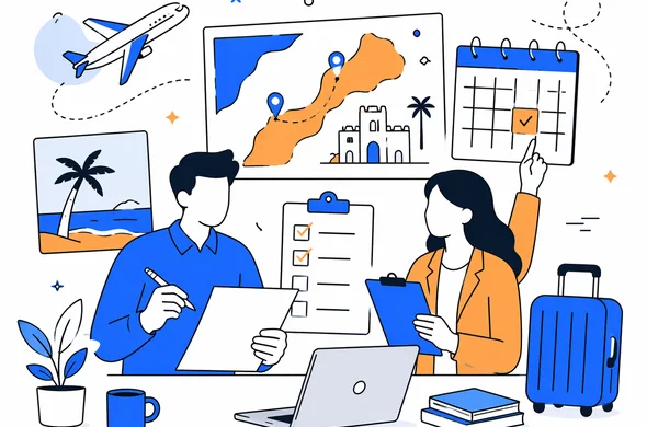 Flat semi-flat vector illustration of a business and leisure Morocco trip planning scene, abstract faceless characters organizing documents, itinerary and calendar, calm modern tech style, minimal background, Aid-Air palette.
