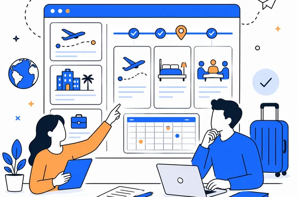Flat semi-flat vector illustration of an abstract travel planning dashboard with flight bookings, hotel stay and business meetings aligned, faceless characters, clean modern tech feel, minimal background, Aid-Air palette.