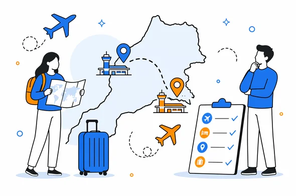 Flat semi-flat vector illustration of an open-jaw Morocco trip itinerary, arrival in one airport and departure from another, clean modern tech feel, faceless abstract characters, calm organized atmosphere, minimal background, Aid-Air palette.