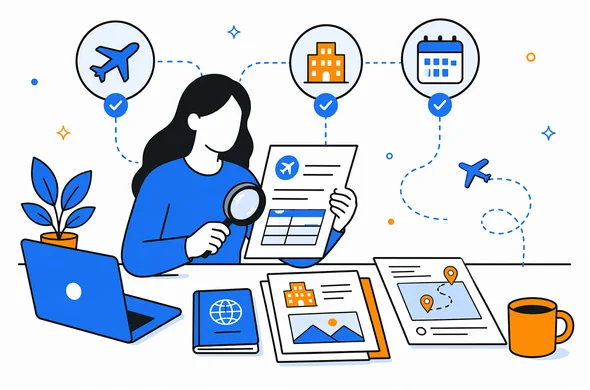 Flat semi-flat vector illustration of organized travel documents review for Morocco visa, matching flights lodging and itinerary, clean modern tech feel, faceless abstract characters, calm organized atmosphere, minimal background, Aid-Air palette.