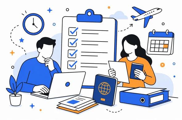 Flat semi-flat vector illustration of organized last-minute visa preparation for Morocco, documents checklist, laptop, passport, calm modern tech atmosphere, faceless abstract characters, minimal background, Aid-Air palette.