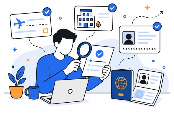 Flat semi-flat vector illustration of checking flight booking, lodging details, and passport consistency before visa submission, clean modern tech look, faceless abstract characters, minimal background, Aid-Air palette.