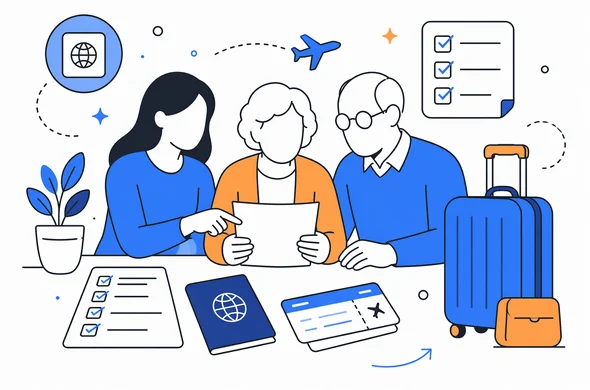 Flat semi-flat vector illustration, calm travel planning for elderly parents, documents checklist, suitcase and passport icons, faceless abstract characters, clean modern tech feel, minimal background, Aid-Air palette