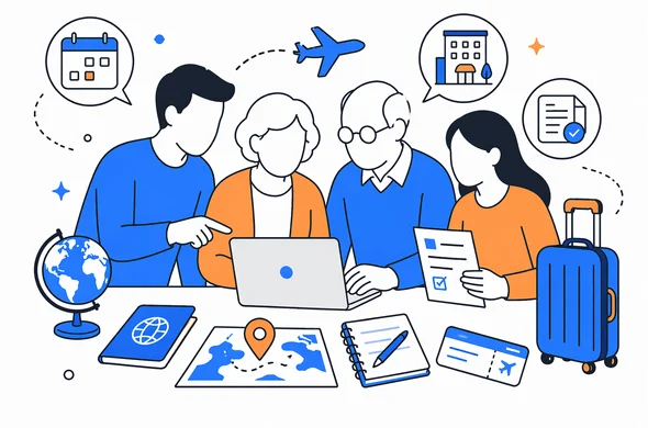 Flat semi-flat vector illustration of family travel planning with elderly parents, flight details, hotel and document organization, faceless abstract characters, calm organized atmosphere, minimal background, Aid-Air palette