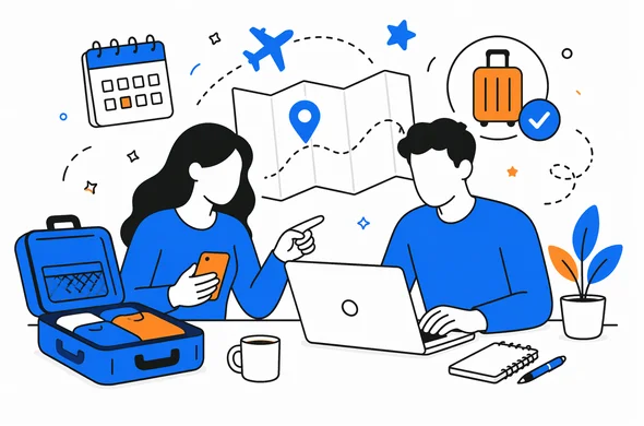 Flat semi-flat vector illustration, clean modern tech feel, faceless abstract characters planning a Morocco trip on laptop and phone, calm organized atmosphere, minimal background, Aid-Air palette