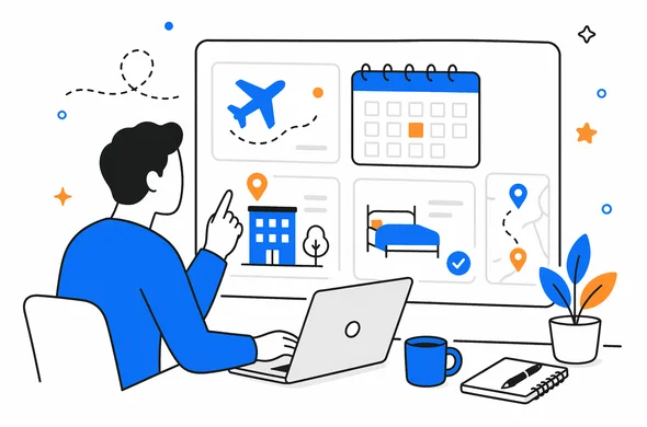 Flat semi-flat vector illustration, clean modern tech feel, faceless abstract characters checking accommodation, flights and dates on organized dashboard, calm atmosphere, minimal background, Aid-Air palette