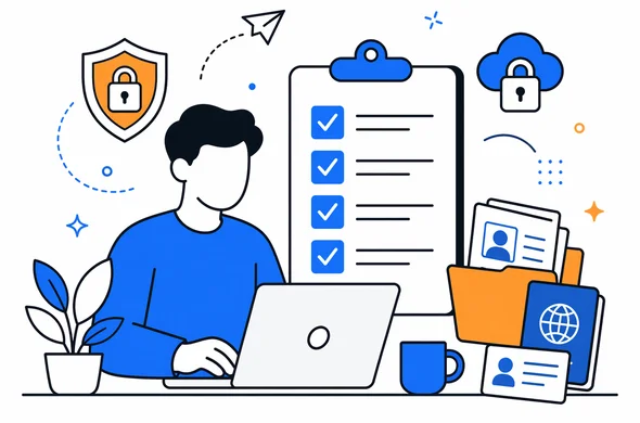 Flat semi-flat vector illustration, modern tech style, abstract faceless person reviewing secure document upload checklist on laptop, calm organized atmosphere, minimal background, Aid-Air color palette