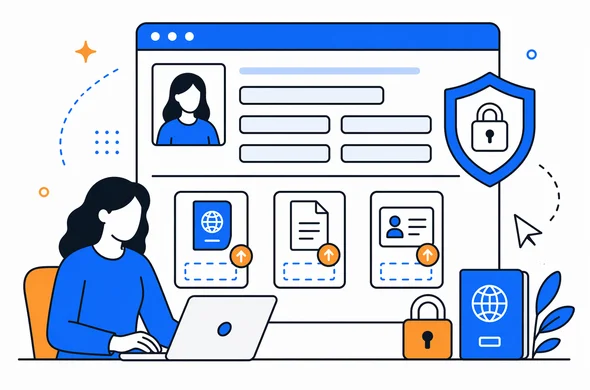 Clean flat vector interface of digital visa form with secure upload sections, abstract faceless characters, organized UI, calm trustworthy atmosphere, minimal background, Aid-Air palette