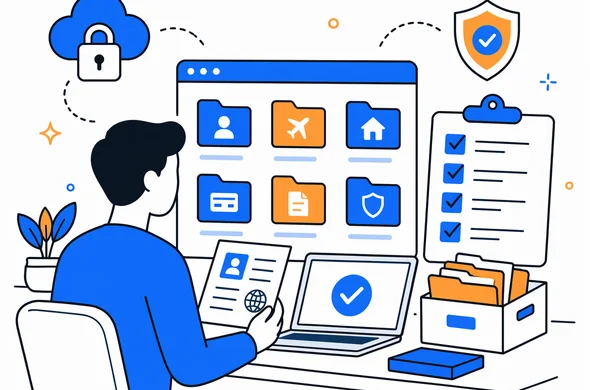 Semi-flat vector scene of organized personal document archive after online visa submission, abstract faceless character, folders and checklist, calm minimal background, modern tech feel, Aid-Air palette