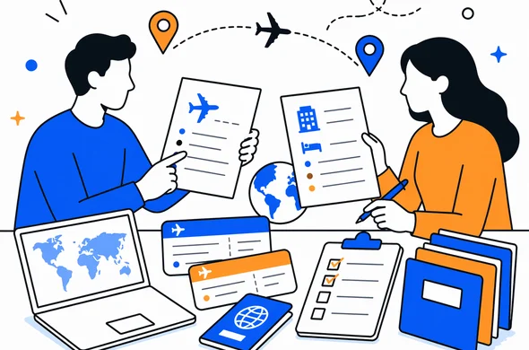 Flat vector illustration of organized travel documents for a multi-destination trip, flight tickets, lodging notes, abstract faceless figures reviewing papers, calm modern tech style, minimal background, Aid-Air palette