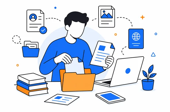 Flat semi-flat vector illustration, abstract faceless person organizing digital visa documents into folders before making a decision, calm organized atmosphere, clean modern tech style, minimal background, Aid-Air palette