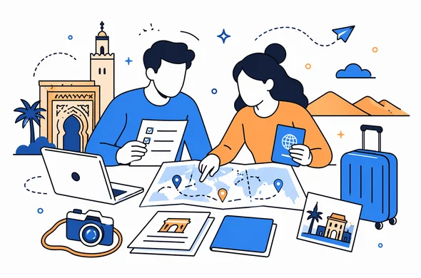 Flat semi-flat vector illustration of organized travel planning for a cultural heritage trip to Morocco, abstract faceless characters reviewing itinerary, documents and map, clean modern tech feel, calm organized atmosphere, minimal background, Aid-Air palette