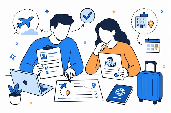 Flat semi-flat vector illustration of checking visa application details against a cultural travel itinerary, abstract faceless characters comparing form, flight and hotel details, clean modern tech feel, calm organized atmosphere, minimal background, Aid-Air palette