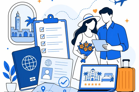 Flat semi-flat vector illustration, travel documents, passport, luxury hotel booking, honeymoon planning for Morocco visa, clean modern tech feel, faceless abstract characters, calm organized atmosphere, minimal background, Aid-Air palette