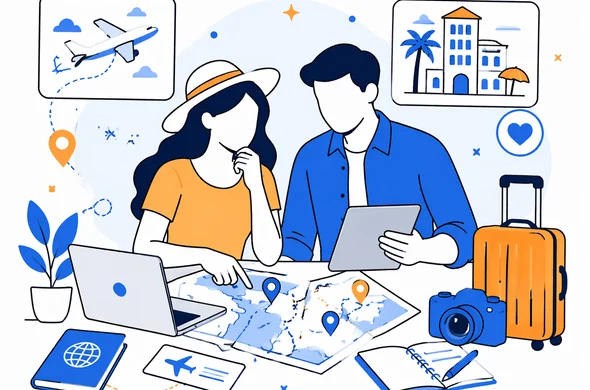Flat semi-flat vector illustration, couple planning honeymoon itinerary with hotels and flights for Morocco, clean modern tech feel, faceless abstract characters, calm organized atmosphere, minimal background, Aid-Air palette