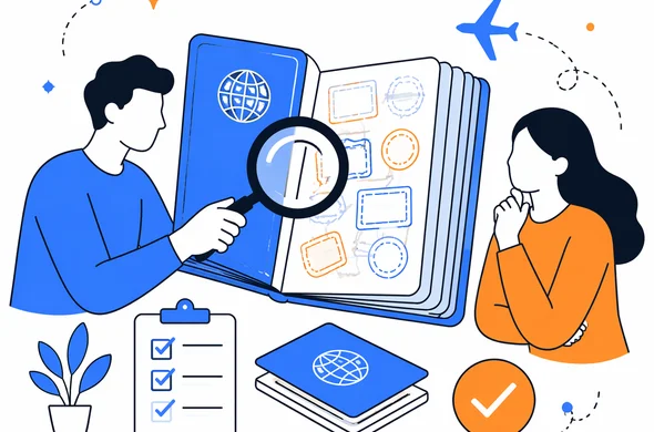 Flat vector illustration of an almost full passport being checked before a Morocco visa application, clean modern tech feel, faceless abstract characters, calm organized atmosphere, minimal background, Aid-Air palette.