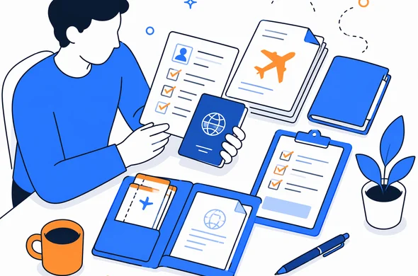 Flat vector illustration of organized travel documents, passport and visa paperwork on a desk for a Morocco trip, clean modern tech feel, faceless abstract characters, calm organized atmosphere, minimal background, Aid-Air palette.
