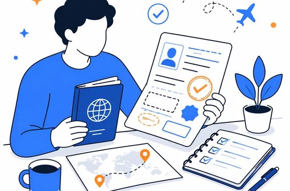 Flat vector illustration of a traveler calmly reviewing a visa approval and passport details, clean modern tech feel, faceless abstract characters, calm organized atmosphere, minimal background, Aid-Air palette.