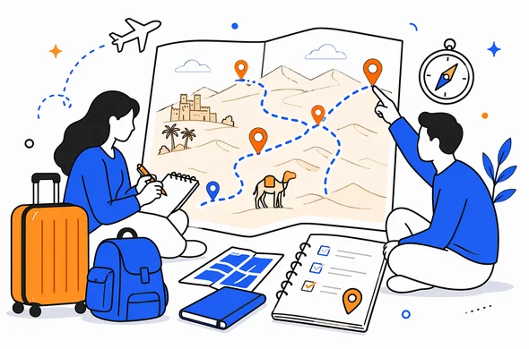 Flat semi-flat vector illustration of Morocco desert trip planning on a map with route markers, luggage, itinerary notes, calm organized travel atmosphere, faceless abstract characters, minimal background, clean modern tech feel, Aid-Air palette.