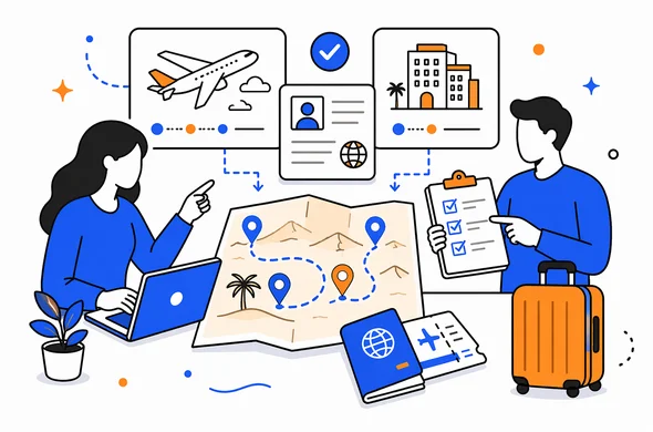 Flat semi-flat vector illustration showing travel documents, flight booking, hotel icons and route alignment for a Morocco desert itinerary, organized checklist, faceless abstract characters, minimal background, clean modern tech feel, Aid-Air palette.