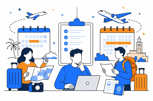 Flat vector comparison scene of short trip versus long trip planning for Morocco visa preparation, faceless abstract characters, clean documents and calendar layout, calm organized atmosphere, minimal background, Aid-Air palette.