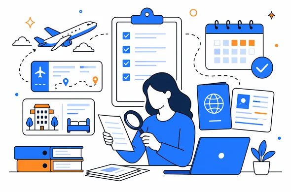 Flat semi-flat vector illustration of organized travel documents review for Morocco visa, matching flights lodging and dates, faceless abstract characters, modern clean tech feel, minimal background, Aid-Air palette.