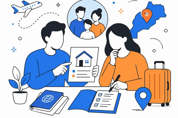 Flat vector illustration of travel planning for Morocco visa, staying with family or friends, abstract faceless characters reviewing accommodation details and documents, calm organized atmosphere, minimal background, Aid-Air palette