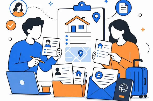 Semi-flat vector illustration of Morocco visa supporting documents for private accommodation, abstract faceless characters organizing host details, address and invitation letter, clean modern tech feel, minimal background, Aid-Air palette