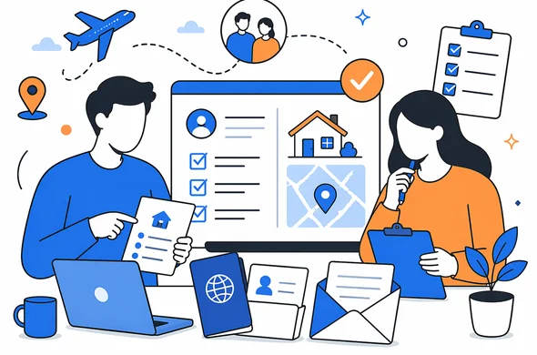 Flat modern vector illustration of organized Morocco visa submission with private accommodation details, abstract faceless characters reviewing a clear travel plan, calm minimal background, Aid-Air palette