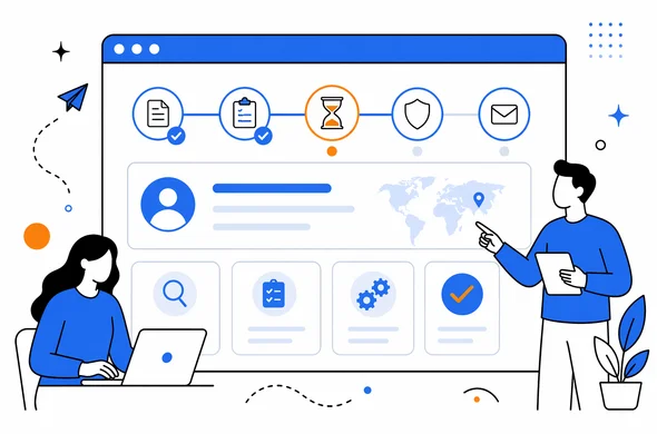 Flat semi-flat vector illustration of a clean dashboard showing visa application status steps, calm organized interface, faceless abstract characters, minimal background, modern tech feel, Aid-Air palette