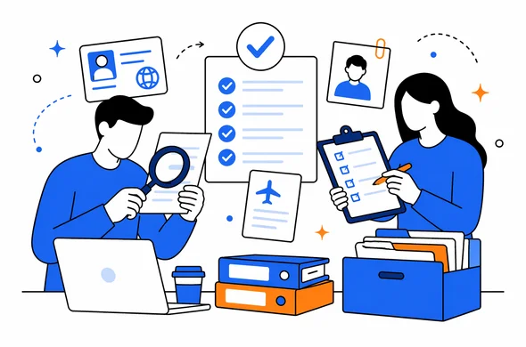 Flat vector scene of organized document checking for a visa application, abstract faceless figures reviewing forms and files, calm minimal background, clean modern tech aesthetic, Aid-Air palette