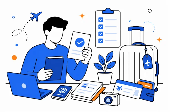 Semi-flat vector illustration of calm travel preparation after visa approval, organized documents and travel checklist, faceless abstract characters, minimal background, modern clean tech style, Aid-Air palette