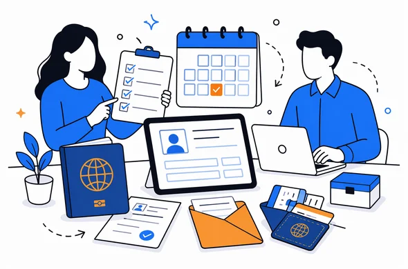 Flat semi-flat vector illustration of an organized visa process desk with passport, checklist, calendar, and digital form, faceless abstract characters, calm modern tech atmosphere, minimal background, Aid-Air palette