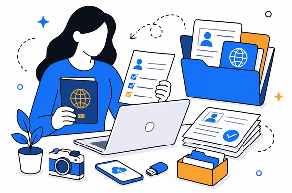 Flat semi-flat vector illustration of passport logistics and digital document organization before online visa application, faceless abstract figures, calm organized workspace, minimal background, Aid-Air palette