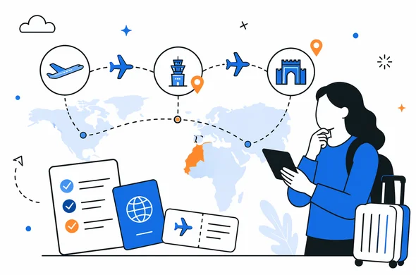 Flat semi-flat vector illustration of a multi-leg flight route to Morocco with a transit stop in a third country, clean modern tech feel, faceless abstract characters, calm organized atmosphere, minimal background, Aid-Air palette.