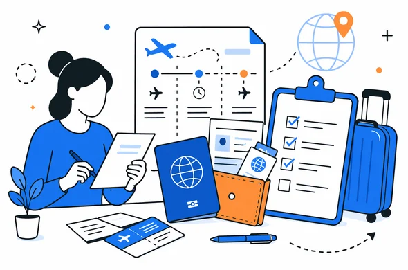 Flat semi-flat vector illustration of organized travel documents, passport, flight itinerary and checklist before a trip to Morocco, clean modern tech feel, faceless abstract characters, calm organized atmosphere, minimal background, Aid-Air palette.